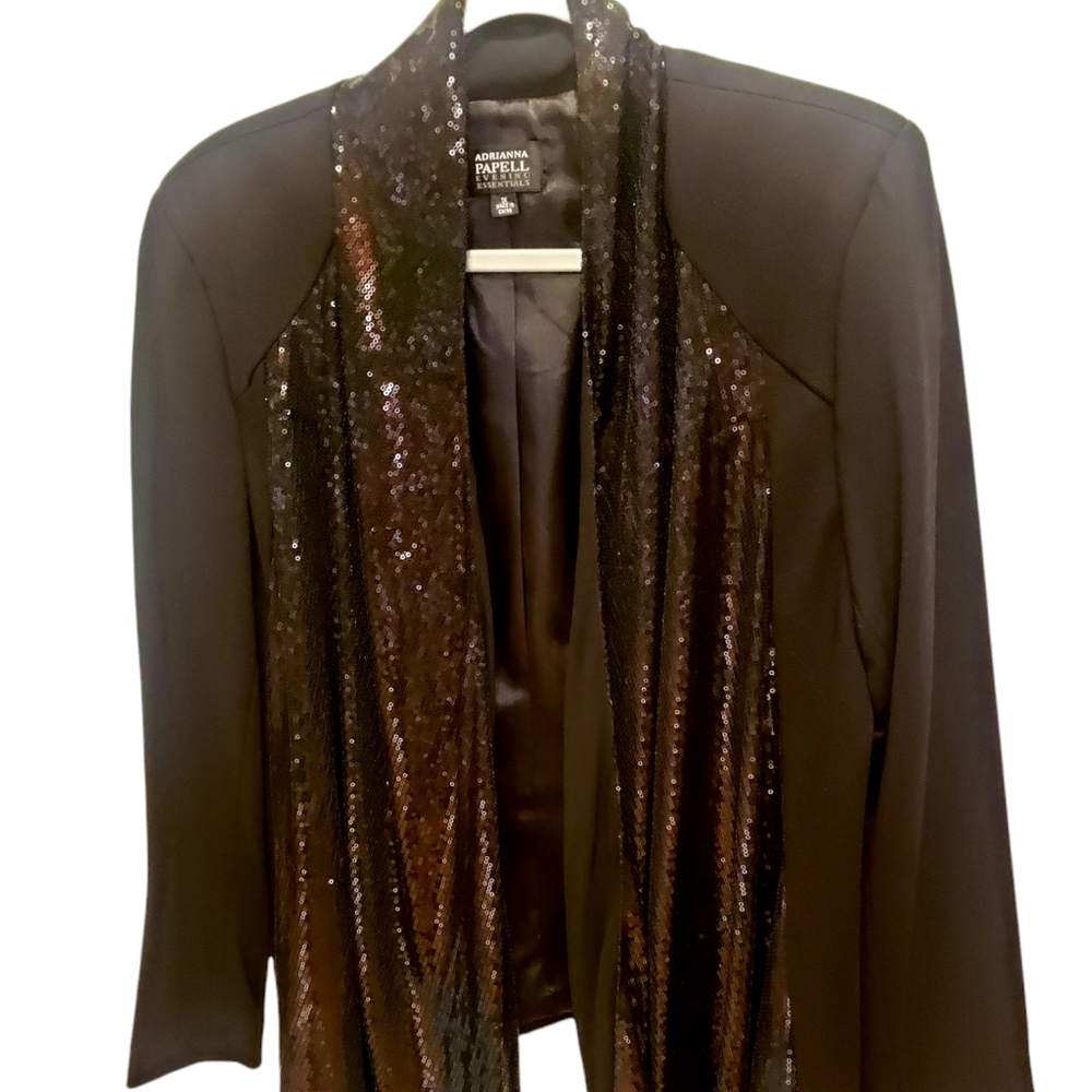Adrianna Papell Evening Sequin Waterfall Open Long Jacket Sz 1X black